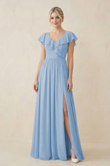 Steel Blue Cap Sleeve A-Line Ruffled Chiffon Bridesmaid Dress | KISSBRIDAL