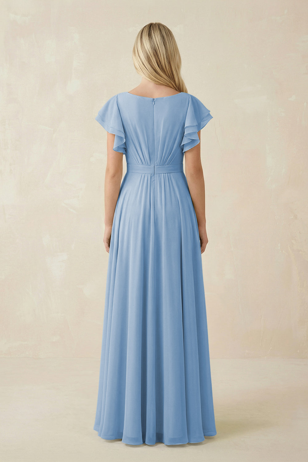 Cap Sleeve Ruffled A-Line Chiffon Bridesmaid Dress in Steel Blue