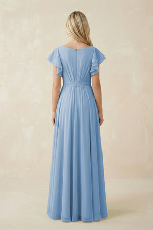 Steel Blue Cap Sleeve Ruffled A-Line Chiffon Bridesmaid Dress (2) | KISSBRIDAL