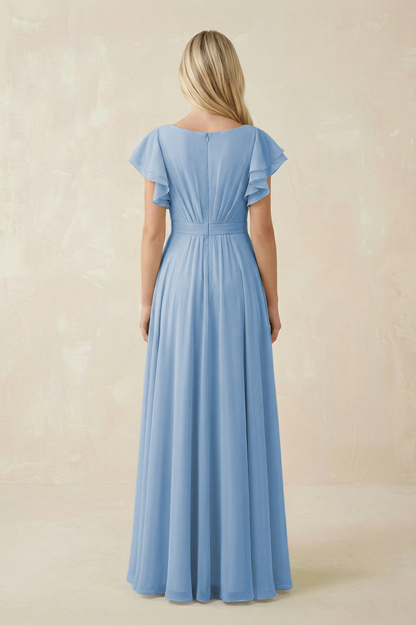 Steel Blue Cap Sleeve Ruffled A-Line Chiffon Bridesmaid Dress (2) | KISSBRIDAL