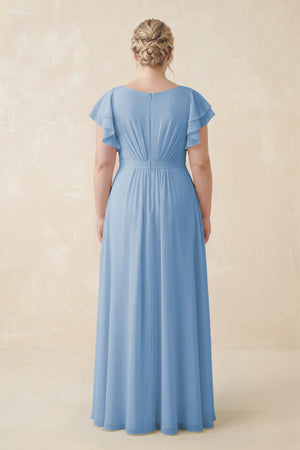 Steel Blue Cap Sleeve Ruffled A-Line Chiffon Bridesmaid Dress (2) | KISSBRIDAL