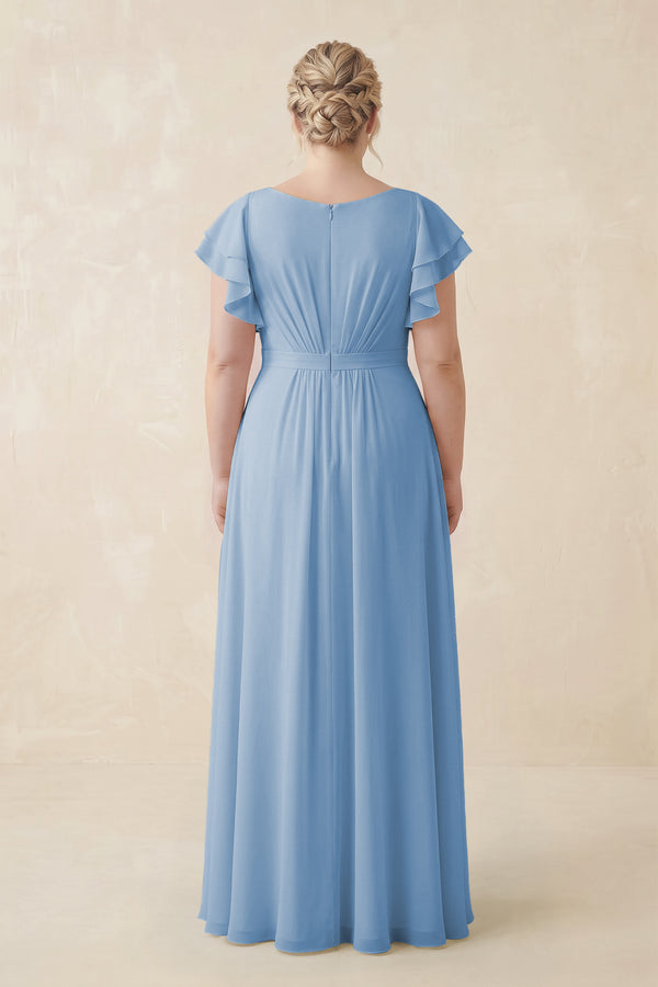 Steel Blue Cap Sleeve Ruffled A-Line Chiffon Bridesmaid Dress (2) | KISSBRIDAL