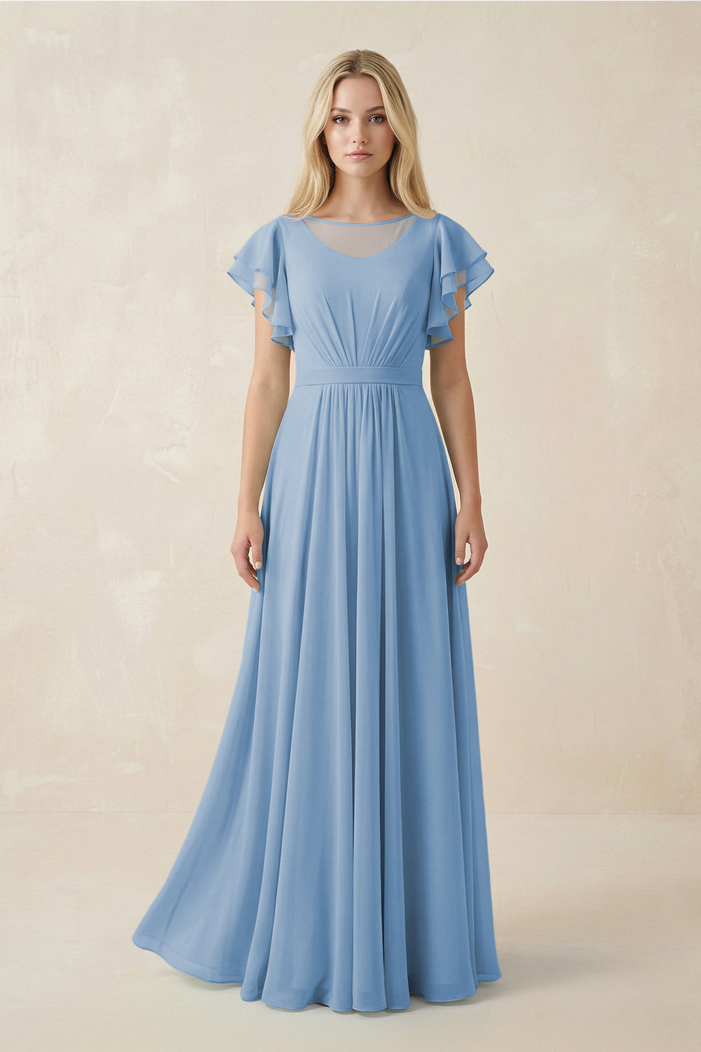 Cap Sleeve Ruffled A-Line Chiffon Bridesmaid Dress in Steel Blue