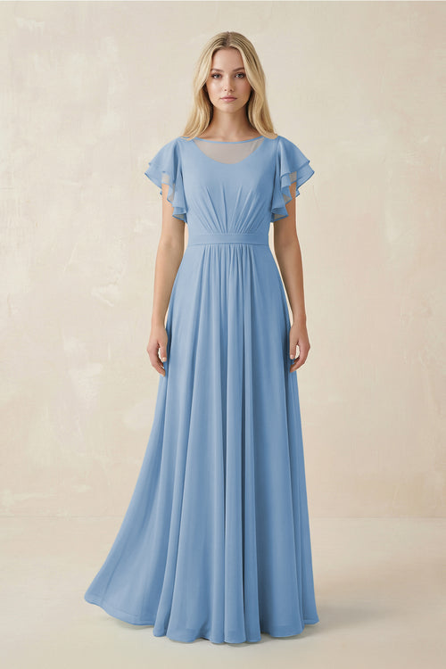 Steel Blue Cap Sleeve Ruffled A-Line Chiffon Bridesmaid Dress | KISSBRIDAL