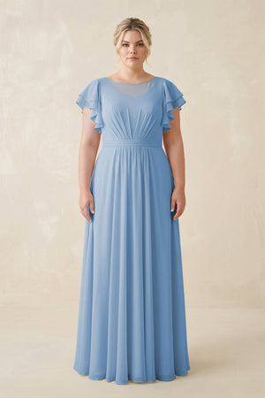 Steel Blue Cap Sleeve Ruffled A-Line Chiffon Bridesmaid Dress | KISSBRIDAL