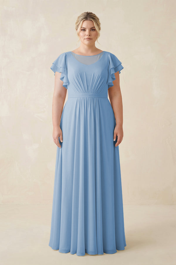 Steel Blue Cap Sleeve Ruffled A-Line Chiffon Bridesmaid Dress | KISSBRIDAL