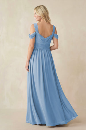 Steel Blue Chiffon A-Line Bridesmaid Dress with Slit (2) | KISSBRIDAL