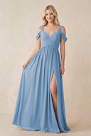 Steel Blue Chiffon A-Line Bridesmaid Dress with Slit | KISSBRIDAL