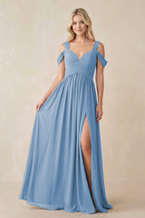 Steel Blue Chiffon A-Line Bridesmaid Dress with Slit | KISSBRIDAL
