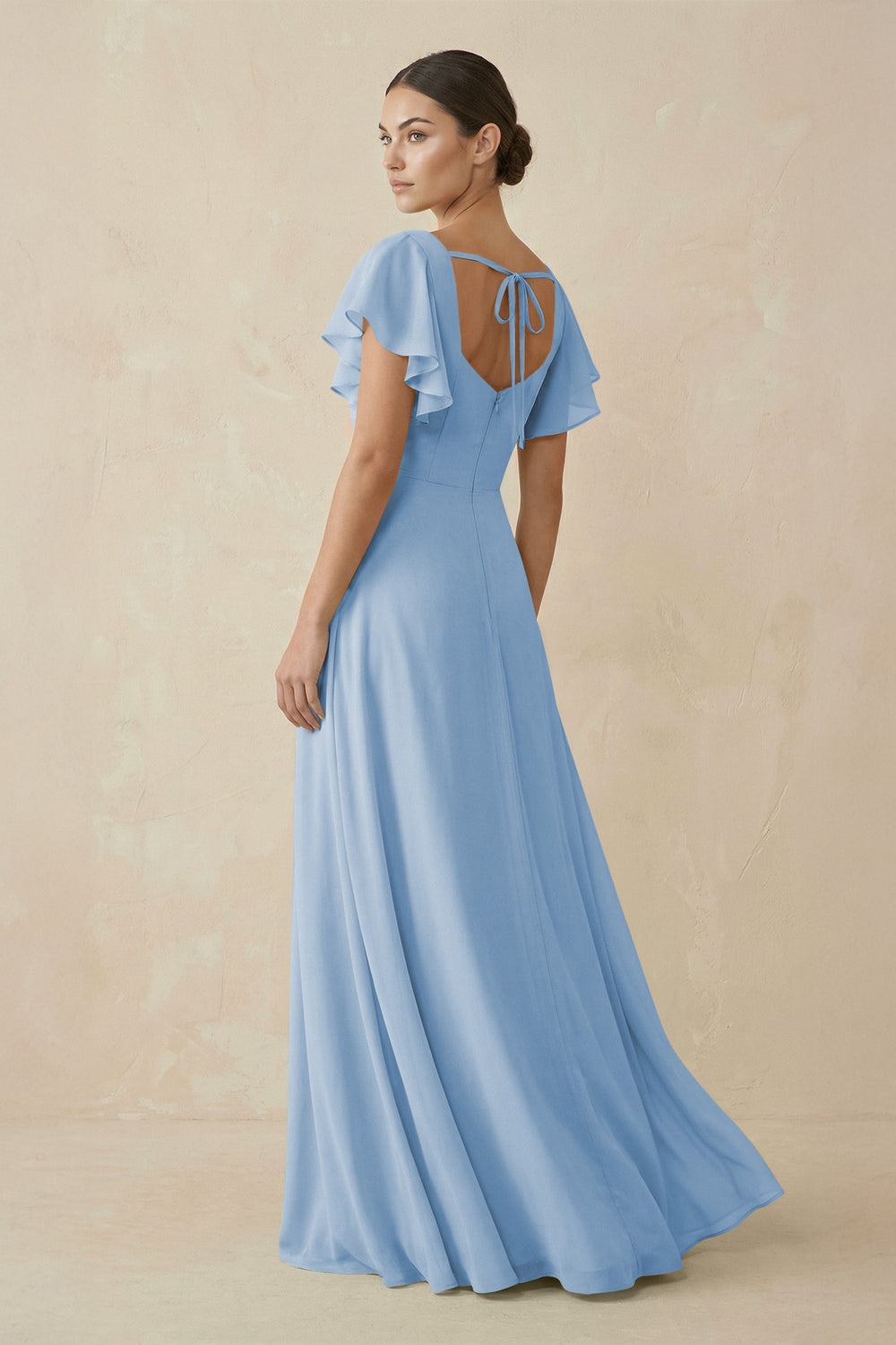 Chiffon A-Line Long Bridesmaid Dress with Flutter Sleeves in Steel Blue