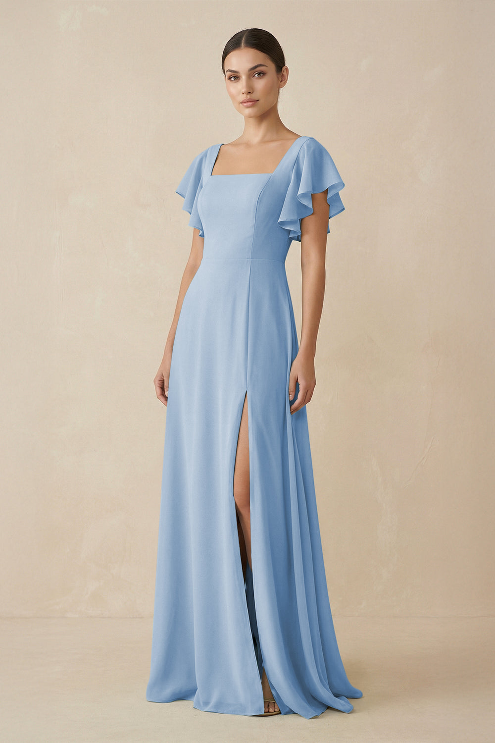 Chiffon A-Line Long Bridesmaid Dress with Flutter Sleeves in Steel Blue