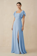 Steel Blue Chiffon A-Line Long Bridesmaid Dress with Flutter Sleeves | KISSBRIDAL