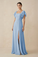 Steel Blue Chiffon A-Line Long Bridesmaid Dress with Flutter Sleeves | KISSBRIDAL