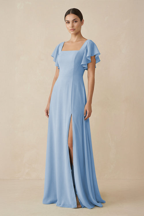 Steel Blue Chiffon A-Line Long Bridesmaid Dress with Flutter Sleeves | KISSBRIDAL