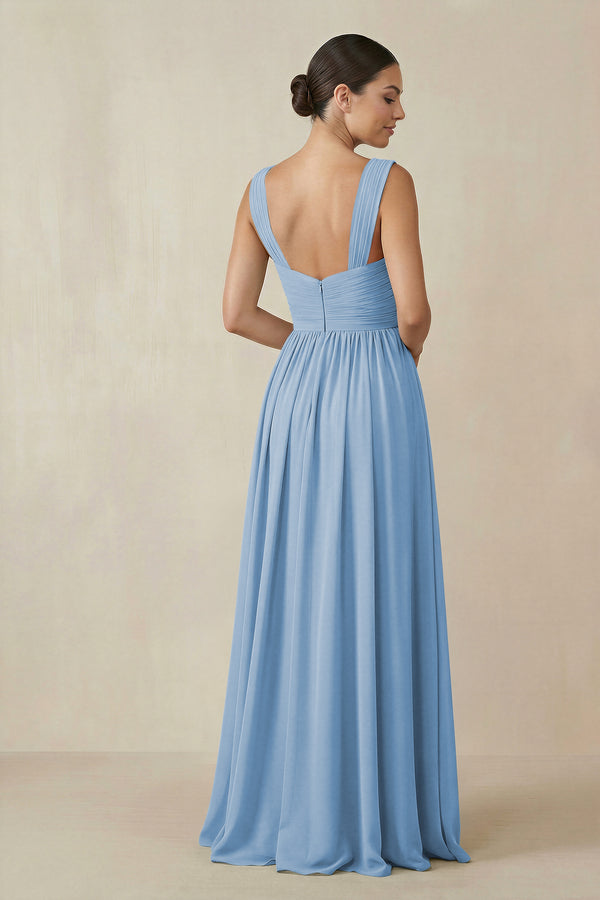 Steel Blue Chiffon A-Line Pleated Bridesmaid Dress (2) | KISSBRIDAL