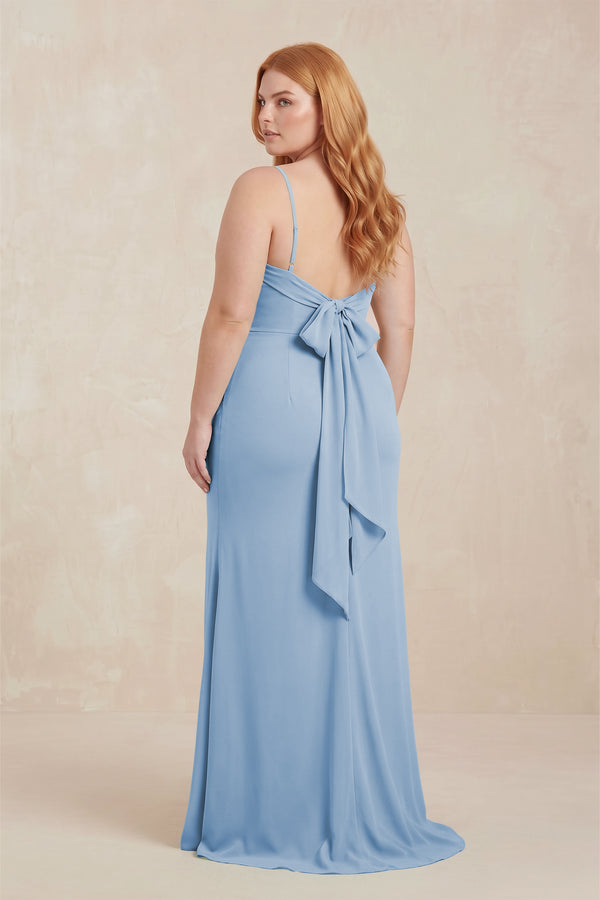 Steel Blue Cowl Neck Sheath Chiffon Bridesmaid Dress with Corset (2) | KISSBRIDAL