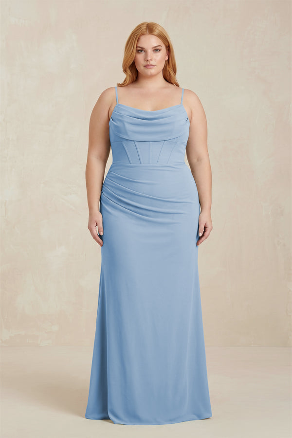 Steel Blue Cowl Neck Sheath Chiffon Bridesmaid Dress with Corset | KISSBRIDAL
