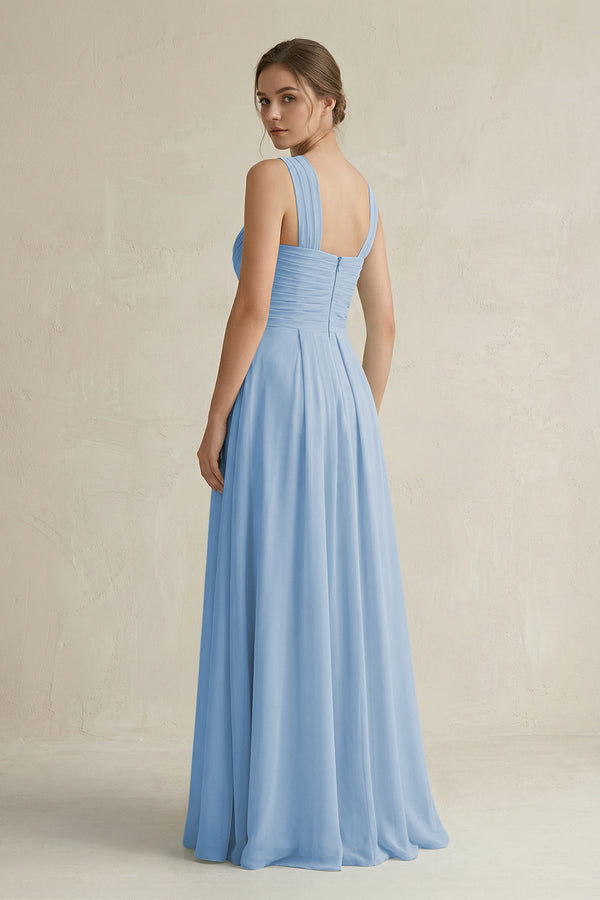 Steel Blue Cross Halter Chiffon A-Line Pleated Bridesmaid Dress (2) | KISSBRIDAL