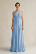 Steel Blue Cross Halter Chiffon A-Line Pleated Bridesmaid Dress | KISSBRIDAL
