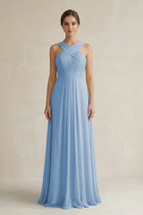 Steel Blue Cross Halter Chiffon A-Line Pleated Bridesmaid Dress | KISSBRIDAL