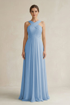 Steel Blue Cross Halter Chiffon A-Line Pleated Bridesmaid Dress | KISSBRIDAL
