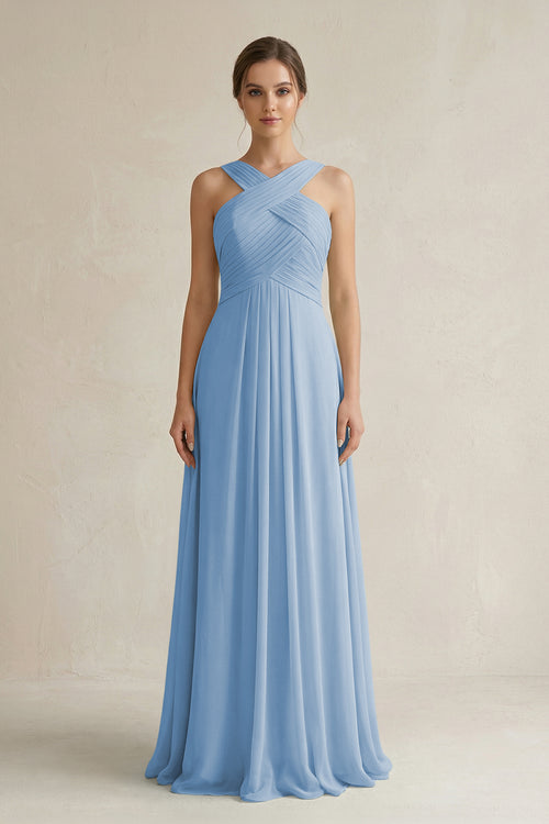 Steel Blue Cross Halter Chiffon A-Line Pleated Bridesmaid Dress | KISSBRIDAL