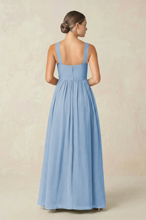 Steel Blue Cross Halter Neck Chiffon A-Line Bridesmaid Dress With Slit (2) | KISSBRIDAL