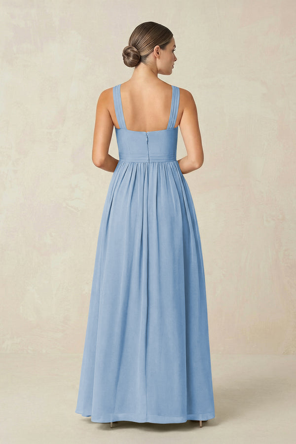 Steel Blue Cross Halter Neck Chiffon A-Line Bridesmaid Dress With Slit (2) | KISSBRIDAL