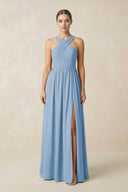 Steel Blue Cross Halter Neck Chiffon A-Line Bridesmaid Dress With Slit | KISSBRIDAL