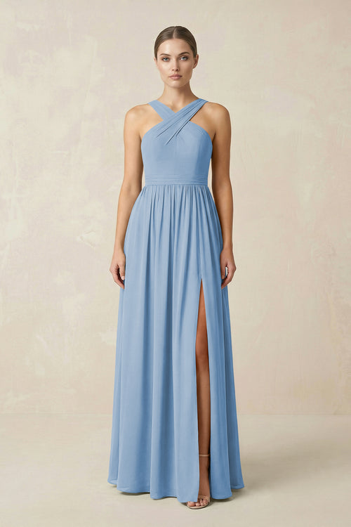 Steel Blue Cross Halter Neck Chiffon A-Line Bridesmaid Dress With Slit | KISSBRIDAL