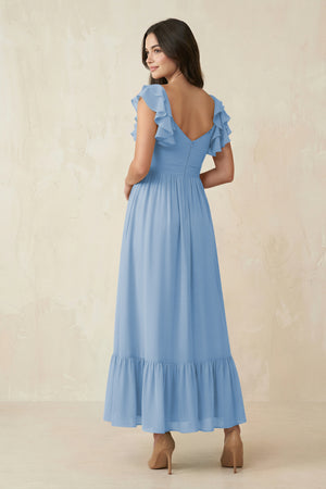 Steel Blue Flutter Sleeve Sweetheart A-Line Chiffon Bridesmaid Dress (2) | KISSBRIDAL