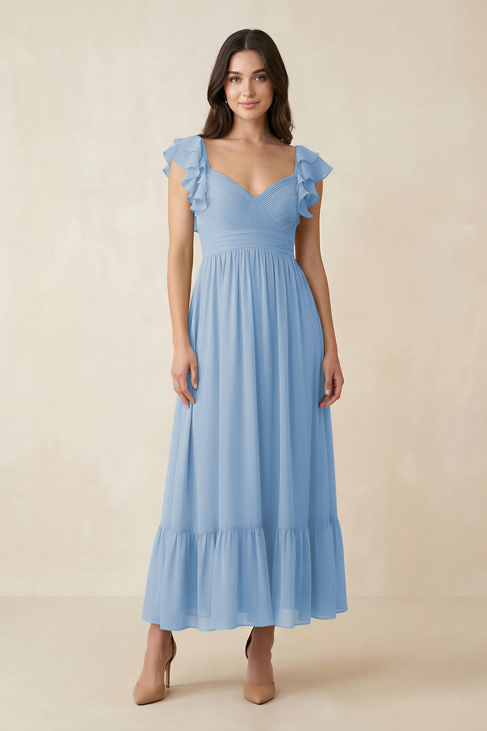 Flutter Sleeve Sweetheart A-Line Chiffon Bridesmaid Dress in Steel Blue