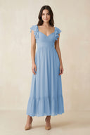Steel Blue Flutter Sleeve Sweetheart A-Line Chiffon Bridesmaid Dress | KISSBRIDAL