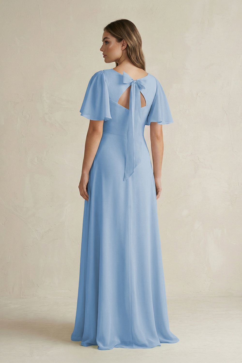 Flutter Sleeve V-Neck A-Line Chiffon Bridesmaid Dress in Steel Blue
