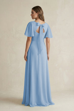 Steel Blue Flutter Sleeve V-Neck A-Line Chiffon Bridesmaid Dress (2) | KISSBRIDAL