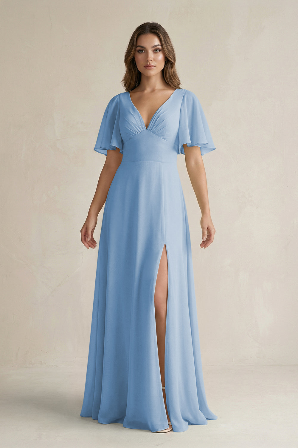 Flutter Sleeve V-Neck A-Line Chiffon Bridesmaid Dress in Steel Blue