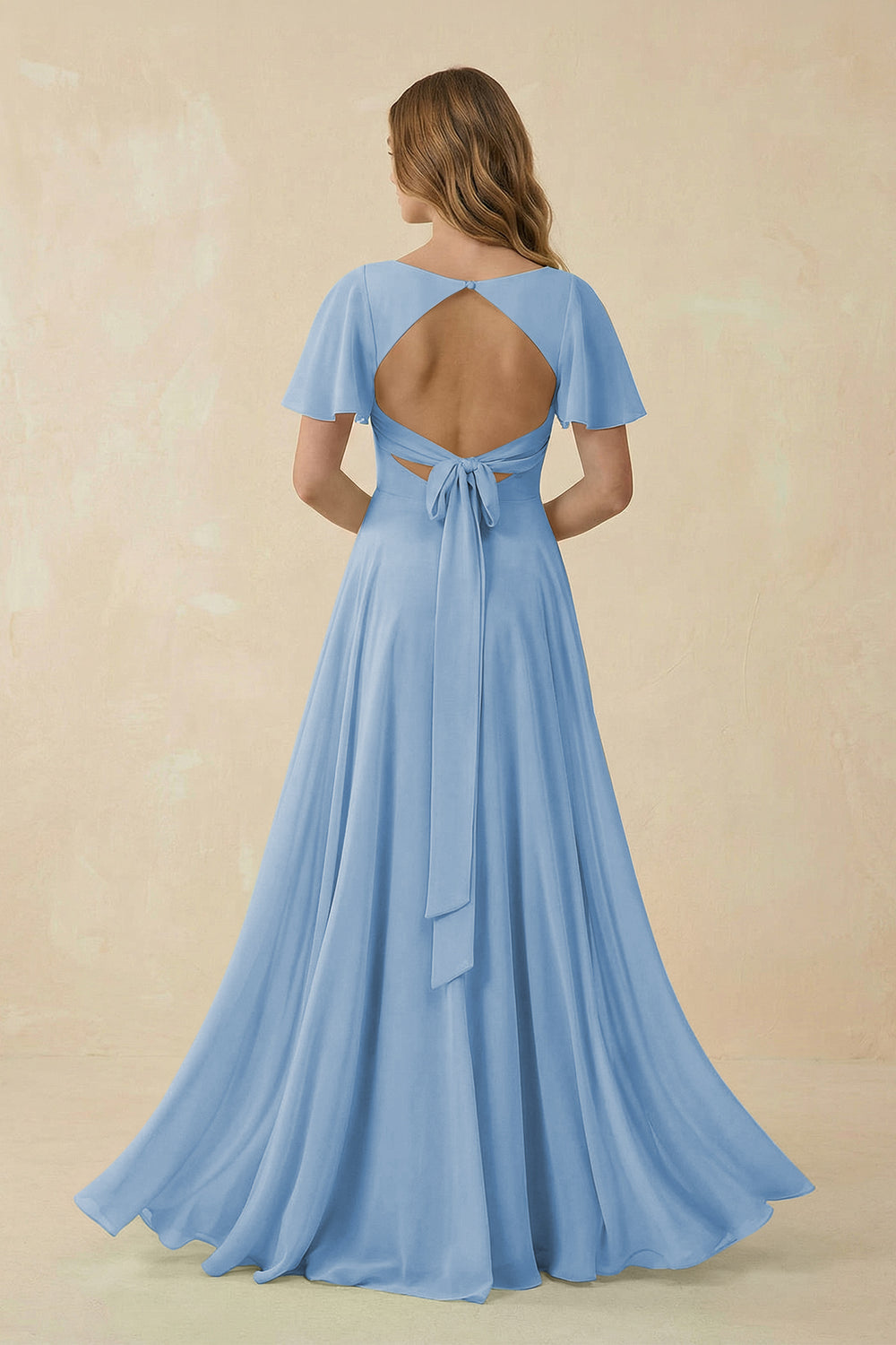 Flutter Sleeve V-Neck Chiffon A-Line Bridesmaid Dress in Steel Blue