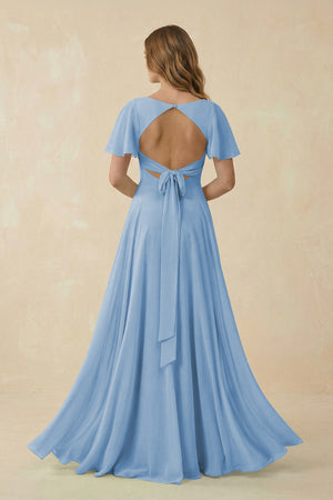 Steel Blue Flutter Sleeve V-Neck Chiffon A-Line Bridesmaid Dress (2) | KISSBRIDAL