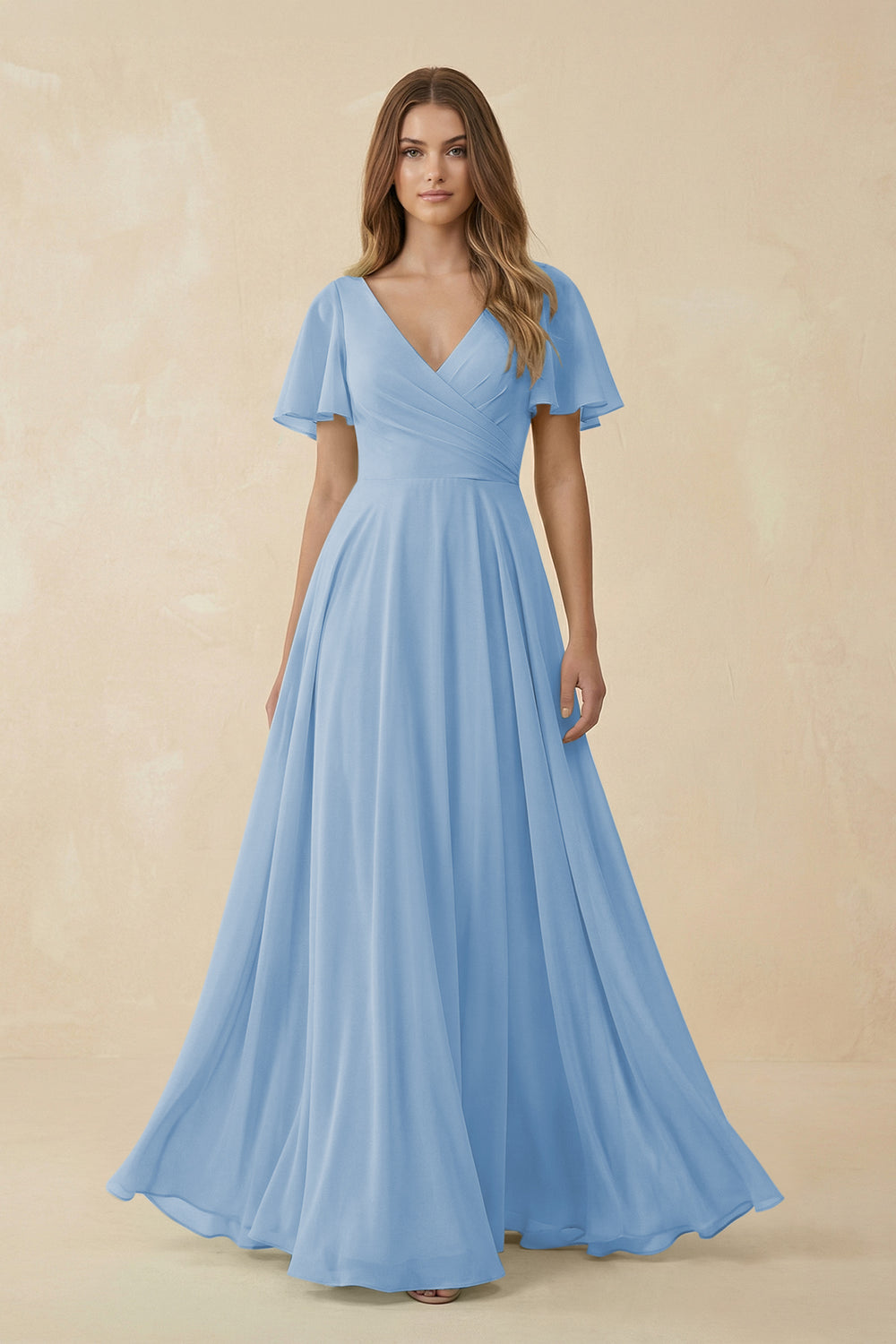 Flutter Sleeve V-Neck Chiffon A-Line Bridesmaid Dress in Steel Blue