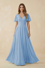 Steel Blue Flutter Sleeve V-Neck Chiffon A-Line Bridesmaid Dress | KISSBRIDAL