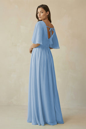 Steel Blue Half Sleeve V-Neck A-Line Chiffon Bridesmaid Gown (2) | KISSBRIDAL