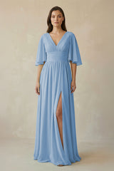 Steel Blue Half Sleeve V-Neck A-Line Chiffon Bridesmaid Gown | KISSBRIDAL