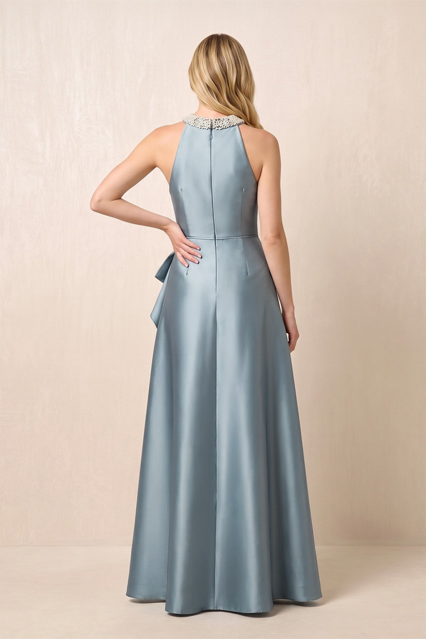 Steel Blue Halter Beaded A-Line Satin Mother of the Bride Dress