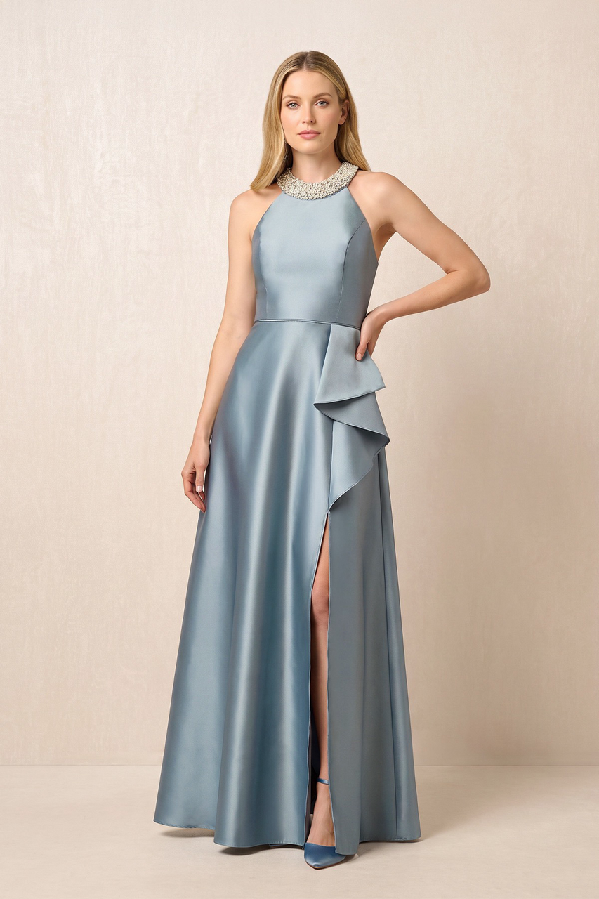 Steel Blue Halter Beaded A-Line Satin Mother of the Bride Dress