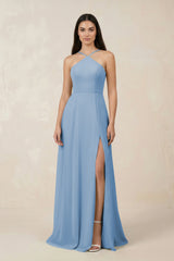 Steel Blue Halter Chiffon A-Line Bridesmaid Dress With Slit | KISSBRIDAL