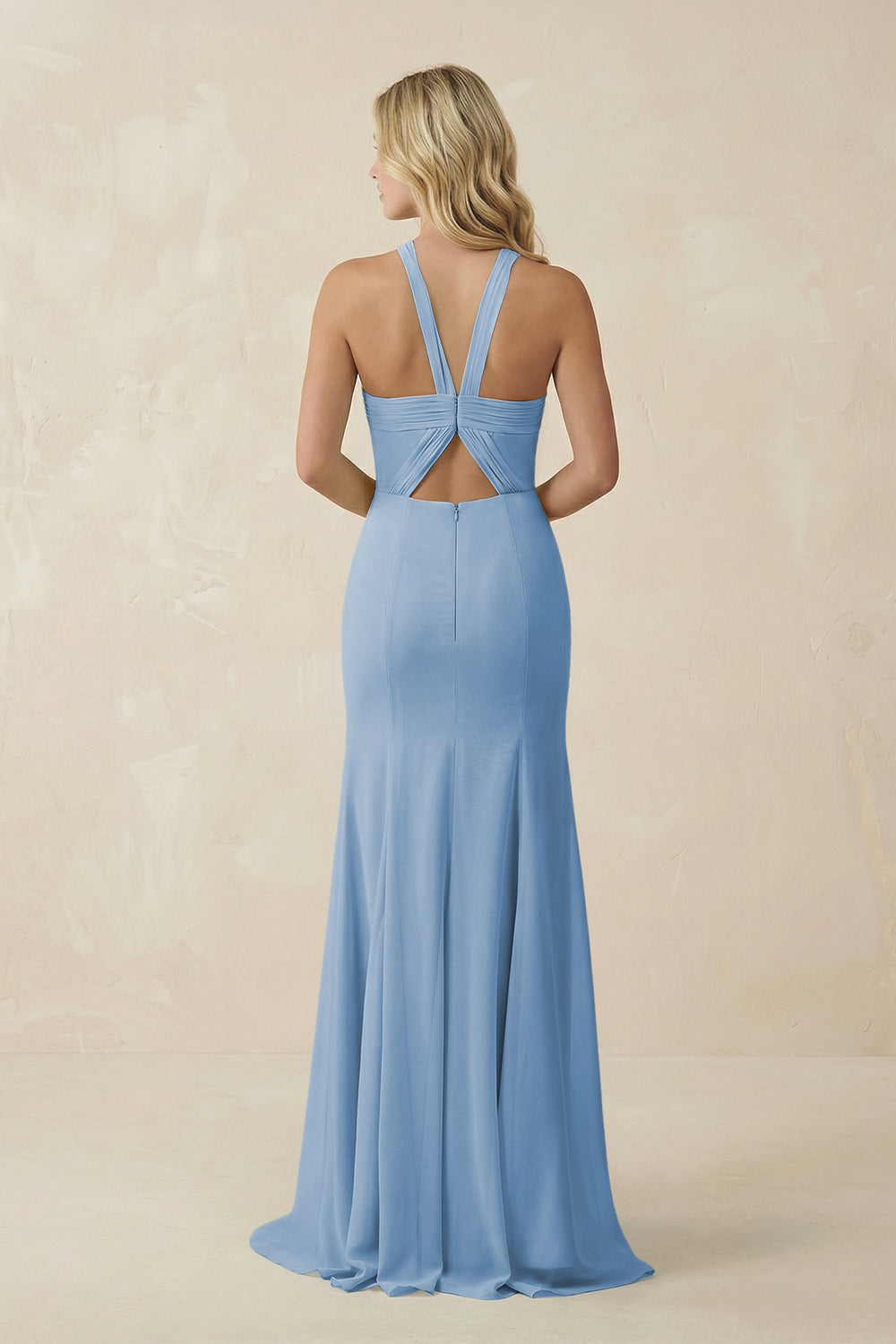Halter Chiffon Mermaid Ruched Bridesmaid Dress in Steel Blue