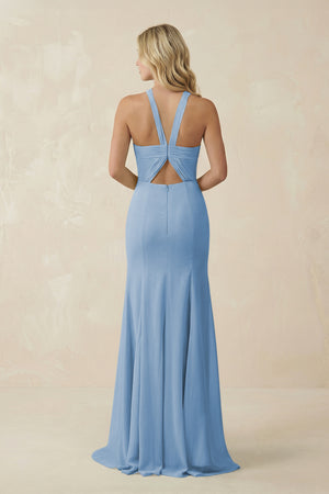 Steel Blue Halter Chiffon Mermaid Ruched Bridesmaid Dress (2) | KISSBRIDAL