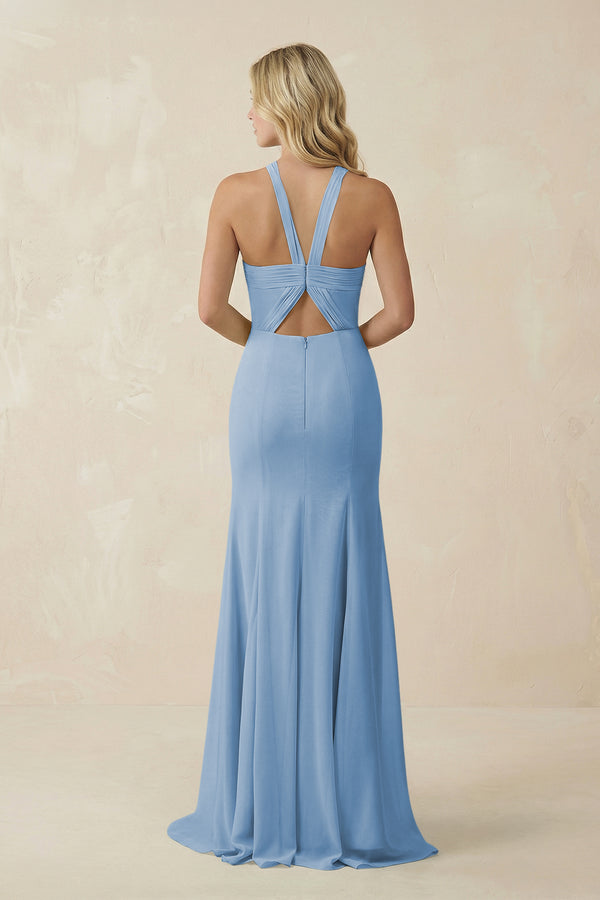 Steel Blue Halter Chiffon Mermaid Ruched Bridesmaid Dress (2) | KISSBRIDAL