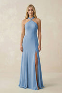 Steel Blue Halter Chiffon Mermaid Ruched Bridesmaid Dress | KISSBRIDAL