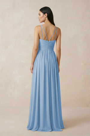 Steel Blue Halter Neck A-Line Chiffon Bridesmaid Dress (2) | KISSBRIDAL